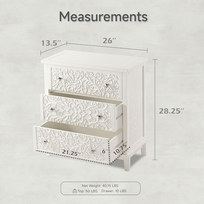 COZAYH 3-Drawer Fully-Assembled Flower Motif Dresser, Set of 2 Nightstand for French Country, Farmhouse, Modern, Rustic Style, Distressed Finish, White-Washed - Image 3