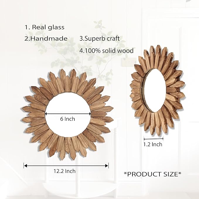 LOSOUR Wall Decor 12 inch Rustic Round Wood Mirror Decorative Boho Sunburst Mirror Boho Home Decor Farmhouse Wall Decor for Bedroom Living Room Entryway - Image 7