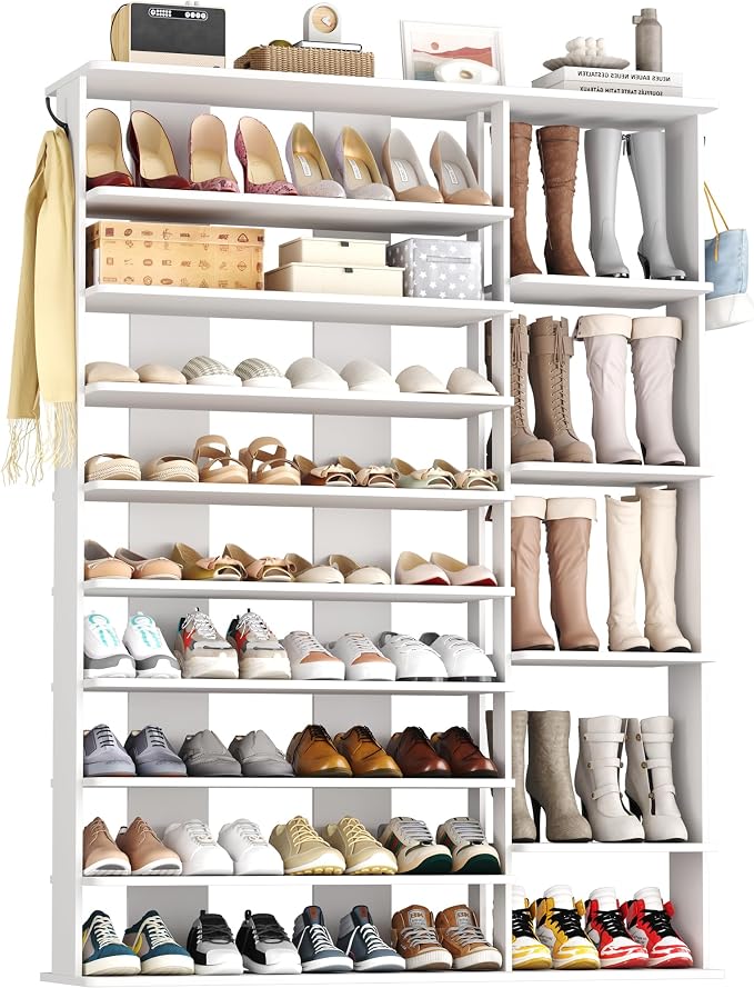 HOMEFORT 10 Tiers Shoe Rack, 50 Pairs Large Shoe Shelf, 61.8" Tall Shoe Tower, Freestanding Shoe Rack Organizer with Open Shelves, Wood Shoe Stand for Boot Storage, for Closet, Entryway, White by HOMEFORT