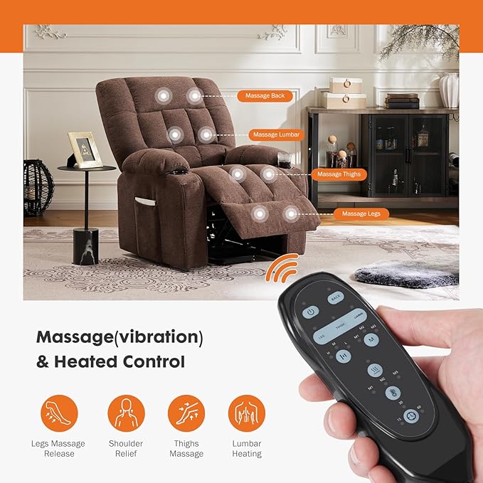 Sweetcrispy Power Lift Recliner Chair with Vibration Massage and Heat for Adults, Ergonomic Overstuffed Breathable Fabric Reclining Chair with Side Pockets, Remote Control, Living Room, Bedroom, Brown