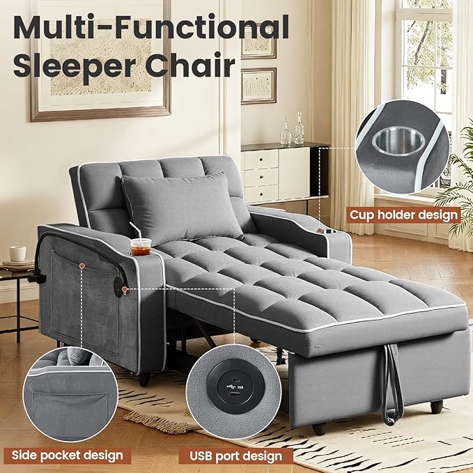 Sleeper Chair, Convertible Pull Out Chair Sleeper with Bracket and Cup Holder, Chairs Bed Sleepers for Adults, 3 in 1 Sofa Bed Chairs for Small Spaces, Living Room, Gray