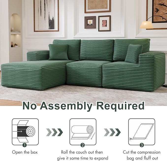104" Modular Sectional Sofa with L-Shape Chaise, Modern Upholstered Cloud Couches for Living Room Bedroom, No Assembly Required, Green