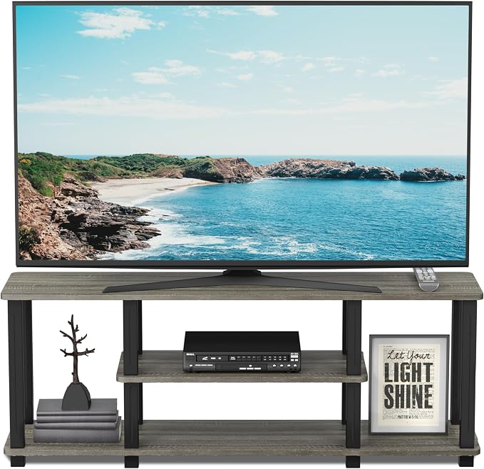 Furinno Turn-N-Tube No Tools 3D 3-Tier Entertainment TV Stand up to 50 inch TV, Square Tubes, French Oak Grey/Black - Image 3