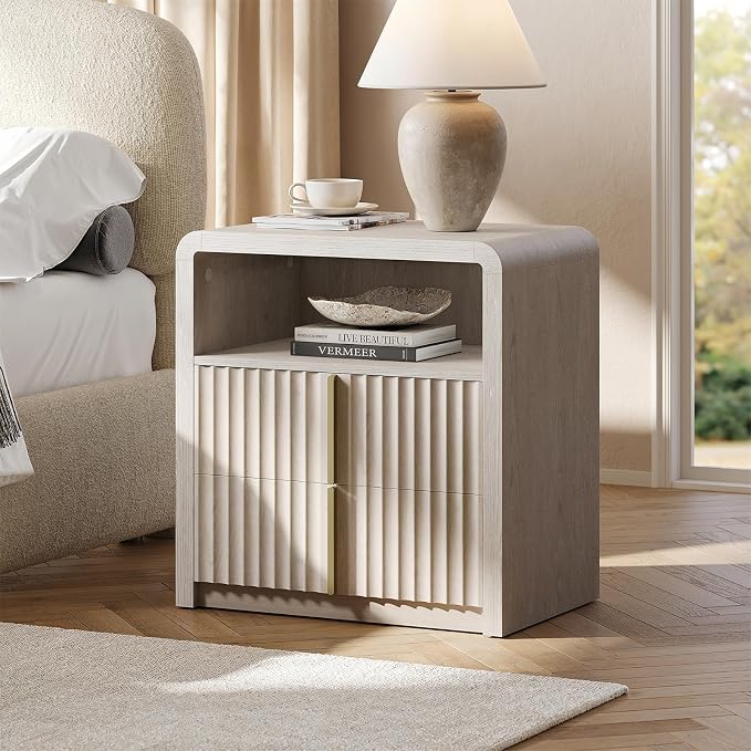 ModernMate Night Stand Set of 2, 23.6" Fluted Nightstand with 2 Drawers, Curve Profile Bedside Table with Solid Metal Handle, Thicken End Side Table for Bedroom, White Alder - Image 3