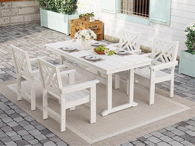 5-Piece Outdoor Dining Set, HDPE All-Weather Patio Table and Chairs Set for 4, Outdoor Patio Furniture Sets with Umbrella Hole for Outside, Deck, Backyard, Garden (White) by BIVODA