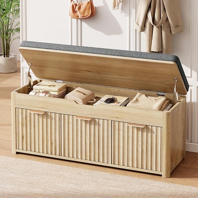 Shoe Bench with Storage - Lift Top Entryway Bench with Hidden Storage, Shoe Rack with Adjustable Shelves and Cushioned Seat, Wooden End of Bed Bench for Bedroom, Living Room and Hallway,Nature - Image 3