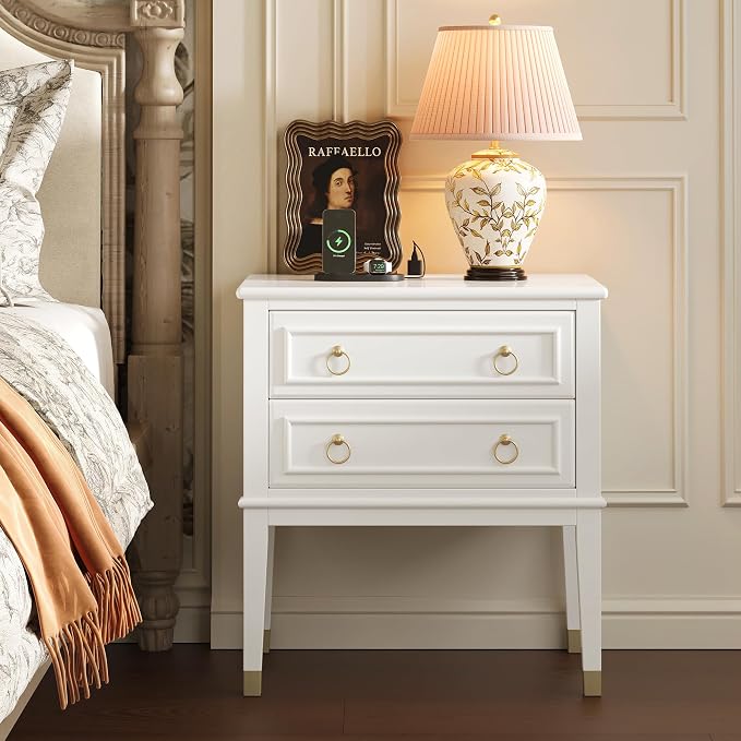Huuger 27.6 Inch Tall Nightstand with Charging Station, USB-C Port, 2 Drawers Bedside Table, Larger Night Stand with 11.4 Inch Raised Legs, Painted Side Table End Table, for Bedroom, White by Huuger