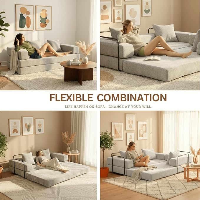 4-in-1 Folding Convertible Sofa Bed, 77" Floor Couch with Pillow - Chenille Fabric & High-Density Sponge & Fixed-Shape Frame, Modular Sofa for Living Room/Lounge/Studio, Light Grey