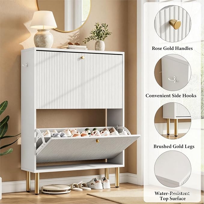 Nicetree Shoe Storage Cabinet for Entryway - 2 Flip Drawers Shoe Cabinet with Tiered Fluted Design - Slim Shoe Storage Rack with Gold Legs - Narrow Shoe Cabinet Hidden Shoe Organizer for Small Spaces - Image 4