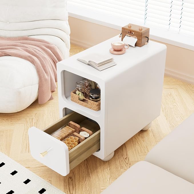 Solid Wood Night Stand, Narrow Nightstand with Drawers, White Mid Century Modern Nightstand, Small Beside Table with Open Storage Shelf for Bedroom (10 inch) - Image 8