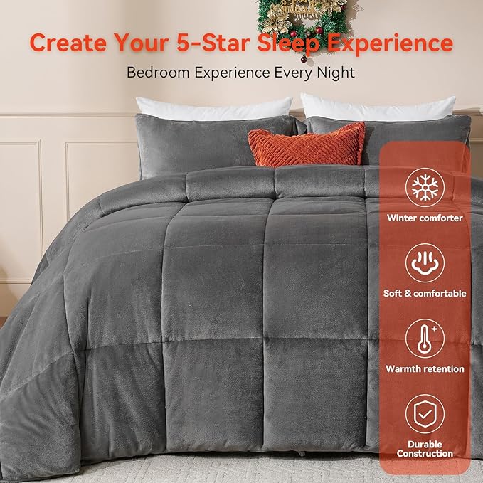 Oversized King Plus Comforter Duvet Insert 120"x128" - Plush Fluffy Heavy Winter Flannel, Extra Large Super King Size Breathable Microfiber with 8 Corner Tabs, All Seasons Warm Bedding (Grey)
