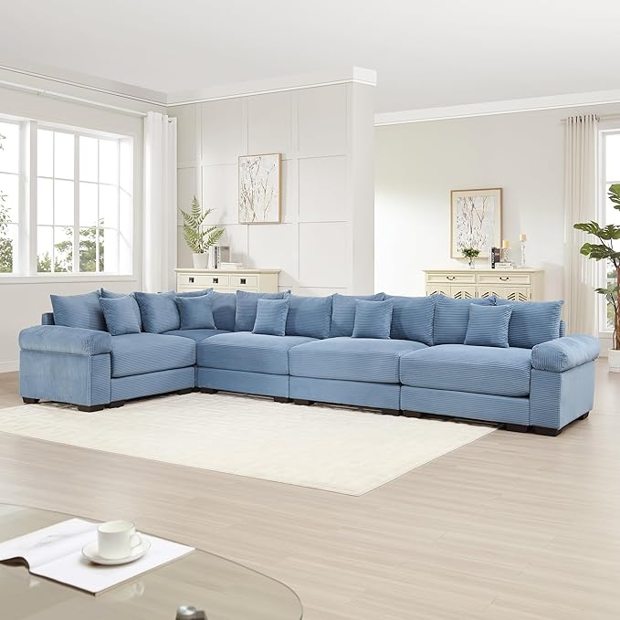 KEIKI 146" L-Shaped Oversized Corduroy Modular Cloud Sectional Sofa with High-Density Foam Cushion, Extra-Thick Armrest, Convertible 5-Seater Fluffy Corner Couch with 18 Pillow, for Living Room, Blue