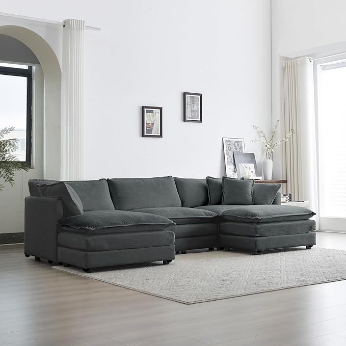 KEIKI Combination Sofa, Upholstered 5 Seater Couch, Oversized U Shaped Sectional Sofa with Reversible Ottoman for Living Room Bedroom Office, Gray