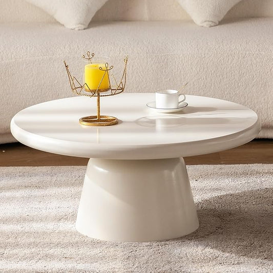 Cream White Nesting Coffee Table Set Triangle Coffee Tables and Round Tempered Glass Side Table 2 in 1 Modern Center Tables Low Tables Sets for Living Room, Bedroom Easy Assemble (Round 31.5")