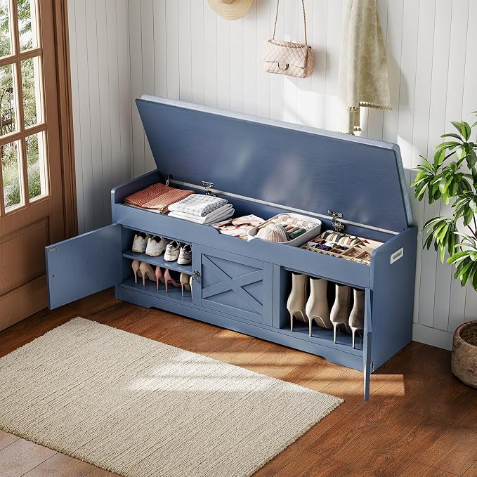 Farmhouse Shoe Storage Bench with Cushion Seat, 3-Tier Entryway Bench with Lift Top Storage and Adjustable Shelf, Bench for Hallway, Bedroom, Blue - Image 3