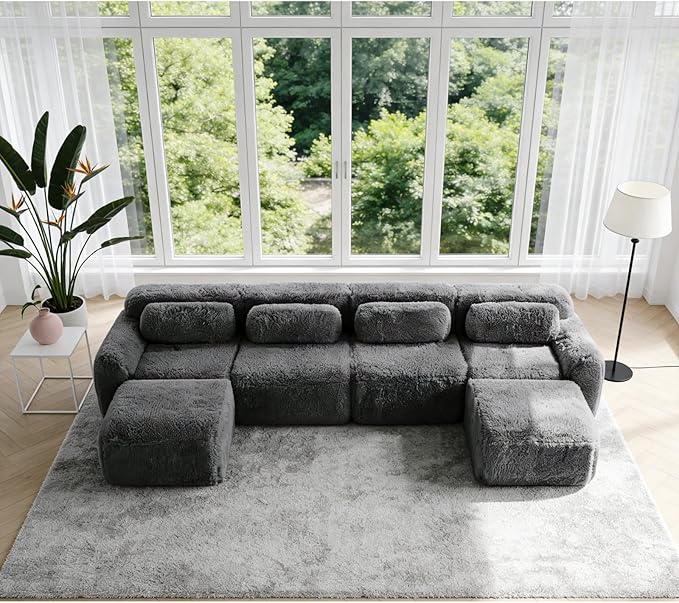 149" Modular Sectional Sofa, Modern Sectional Couch, U-Shape Boneless Couch for Living Room Apartments Bedroom, 32D High Density Sponge Lounge Sofa, No Assembly Required, Dark Grey