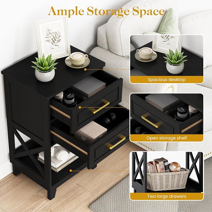 May in Color Black Nightstand Set of 2, Tall Side Table with 2 Drawers and Open Shelf, Bedside Table with Solid Feet, Modern End Table for Bedroom, Home Office, Black - Image 6