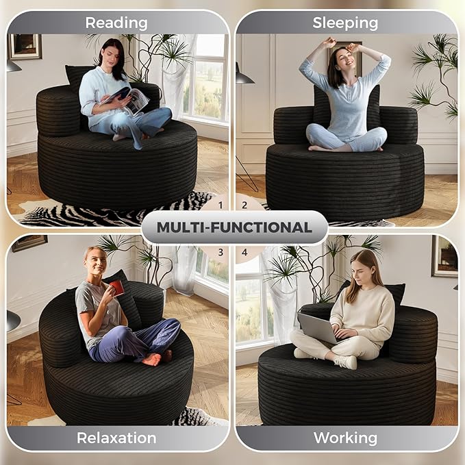 37.4" Boneless Round Chair, Oversized Chaise Lounge Cloud Chair Indoor, Upholstered Corduroy Deep Seat Sofa Accent Chair, No Assembly Required, for Living Room Bedroom Apartment