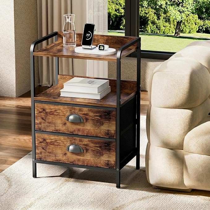 Night Stand, End Table with 2 Drawers Nightstand for Bedroom, Small Fabric Dresser Organizer, Bedisde Table Side Table with Open Storage Shelf, Rustic Brown - Image 2