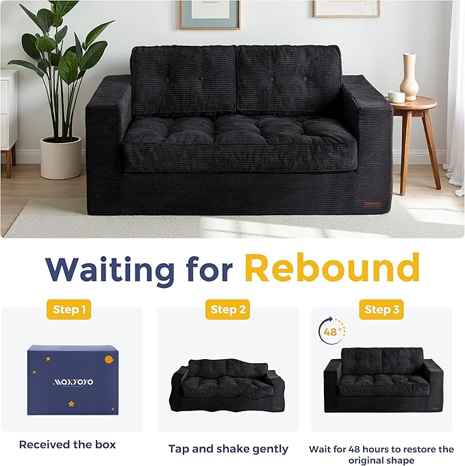 MAXYOYO Loveseat Sofa Couch, Upholstered Bean Bag Chair Cloud 2-Seat for Adults, Boneless Couch with Tufted Cushion & Pillows, Sofa in A Box, No Assembly Required, Black