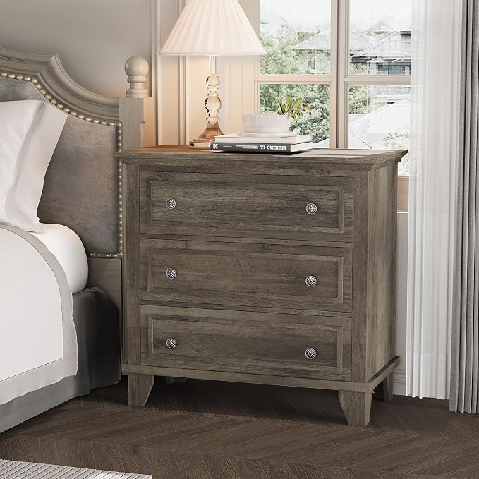 GAOMON 3 Drawer Dresser for Bedroom, Grey Wood Chest of Drawers Bedroom Dresser, Rustic Small Drawers Dressers Nightstand Wooden Closet Storage Cabinet for Living Room - Image 3