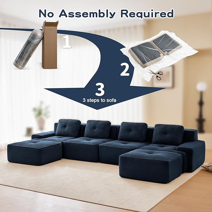 Casaphoria 150'' Blue Boneless Sectional Sofa, Corduroy 4-Seater Cloud Couch with 4 Pillows & 2 Ottomans for Living Room, U-Shaped Deep Seat Modular Sofa for Apartment, No Assembly
