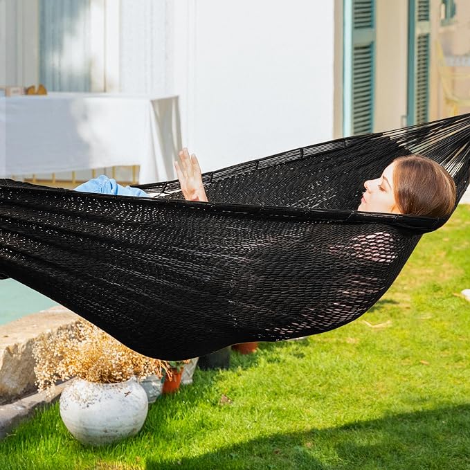 PNAEUT Handwoven Mayan Hammock, Thick Soft Rope Double Hammock for Outdoor Outside & Indoor, 600 lbs Capacity Heavy-Duty, Includes Tree Straps, Carabiners & Carrying Bag (Sombra Negra, X-Large) - Image 6