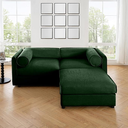 KEIKI 76" Modular Loveseat Chenille Sectional Sofa with Storage Seat and 1 Ottoman, 2-Seater Couch with Cylindrical Backrest and Armrests, Easy Assembly, for Apartment, Living Room, Green