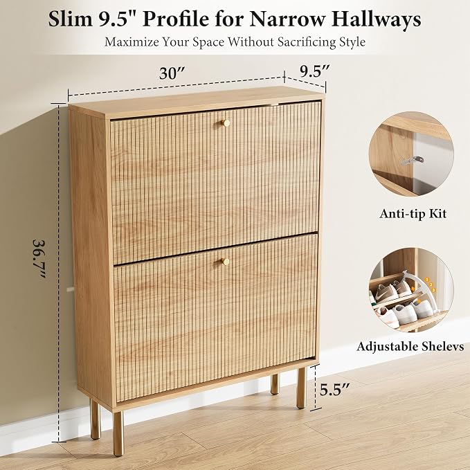 Nicetree Shoe Storage Cabinet for Entryway - Flip Shoe Cabinet with Tiered Fluted Design - Slim Shoe Storage Rack with Gold Legs - Narrow Shoe Cabinet Hidden Shoe Organizer for Small Spaces - Image 2