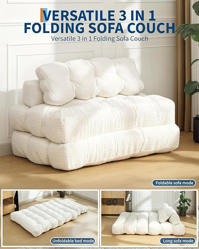 Folding Sofa Bed with Back Support, Convertible Sleeper Chair with Pilow Foldable Matress, Portable Fold Out Chair Bed Comfy Floor Sofa Lounge for Living Room Bedroom, Beige, Double