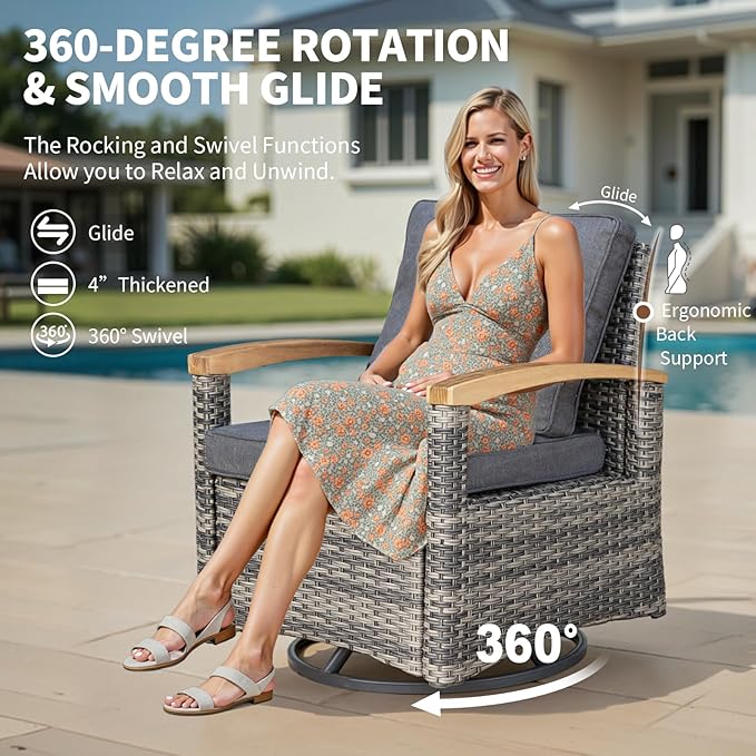 MEISSALIVVE 8 Pieces Patio Furniture Sets, PE Wicker Outdoor Conversation Sets with 2 Wood Armrests Swivel Rocker Chairs, 2 Ottomans, 2 Sofa and Dining Table (Grey)