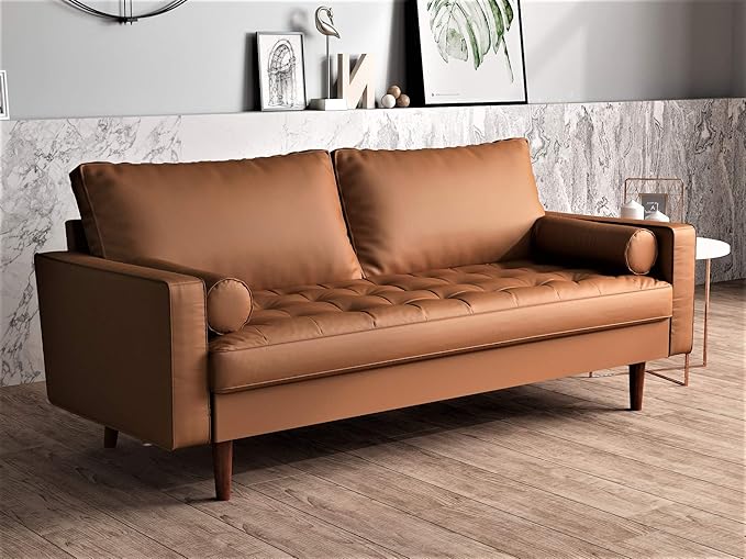 Womble Mid Century Modern Couch with Bolster Pillows, PU Leather Upholstered Tufted Seat, Versatile Retro Design for Comfortable Living Spaces, Sofa, Brown