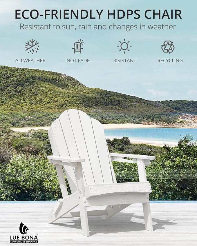 LUE BONA HDPE Folding Adirondack Chairs Set of 4 - Weather Resistant Seating with Cup Holder for Patio, Fire Pit, Deck & Resort Garden, White - Image 6
