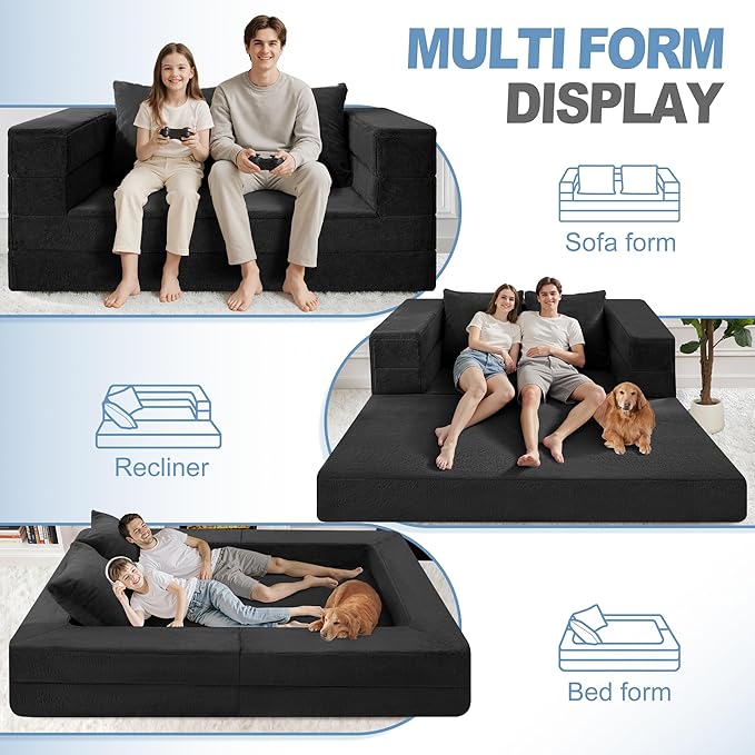 Futon Sofa Bed with Pillow, 3-in-1 Sleeper Sofa Bed with Removable Cover, Convertible Floor Sofa Bed, No Assembly Boneless Couch for Living Room, Bedroom