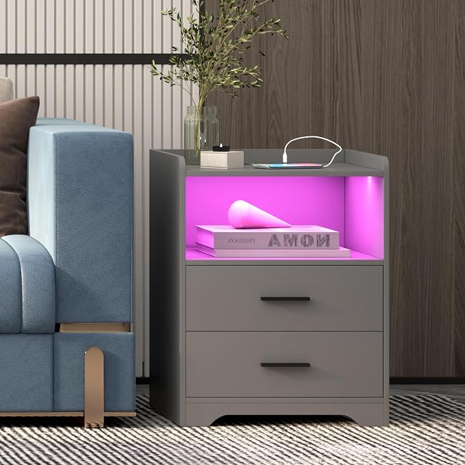 dnbss Grey Night Stand with Wireless Charging Station, Nightstand with 2 Drawers, Smart Bedside Table with 24-Color RGB Lighting, Modern LED Lighted Nightstand for Bedroom - Image 8
