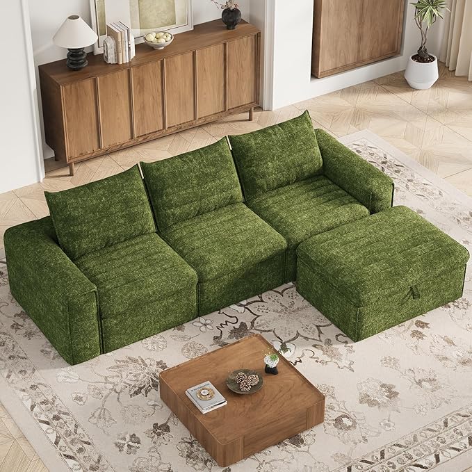 106.7" Modular Sectional Sofa with Deep Seat, Upholstery L Shaped Cloud Couch for Living Room, 3-Seater Modern Boneless Sofa with Movable Ottomans, Removable Cover, No Assembly Required