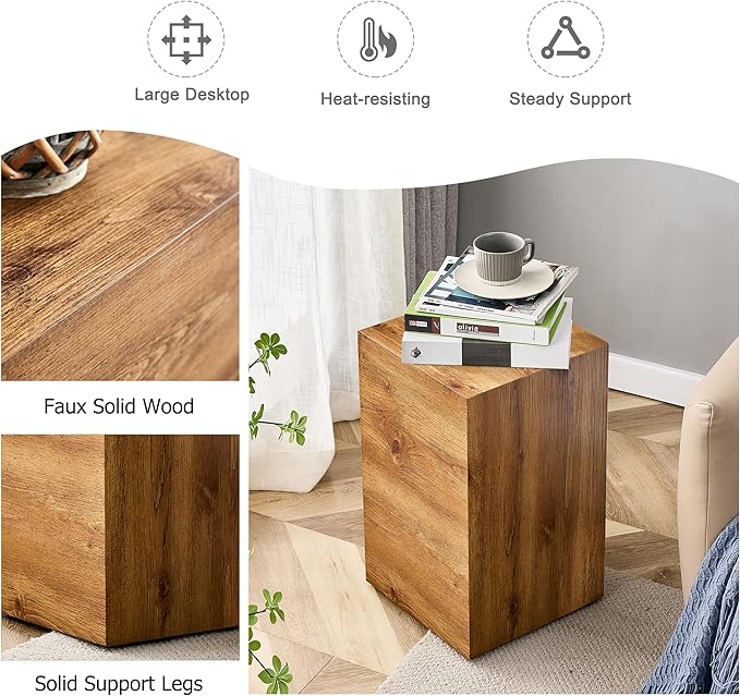 Cube End Table Wood Grain, Modern Side Table for Living Room, Contemporary Nightstand