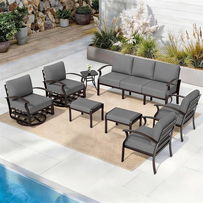 ALAULM Aluminum Patio Furniture Set with 2 Swivel Chairs 9-seat Metal Outdoor Furniture Patio Sectional Sofas Patio Conversation Set w/2 Ottomans for Patio, Backyard, Poolside-Grey