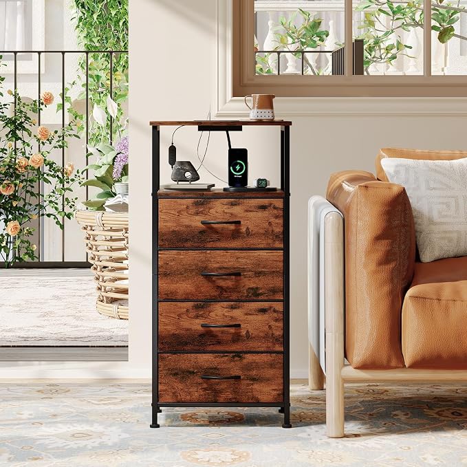 Somdot Tall Nightstand with Charging Station and LED Light for Bedroom, 4 Drawers Dresser with Fabric Bins for Bedside Kids Dorm Room Closet Laundry Entryway, Wood Grain Print - Image 7
