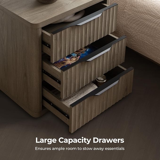 SICOTAS Night Stand Set of 2 Nightstands with 3 Drawers Storage Bedside Table Large Fluted Bed Side End Table Modern 25.6" Tall Wide Night Stands for Bedroom Living Room Sofa Couch Office, Grey Alder - Image 5