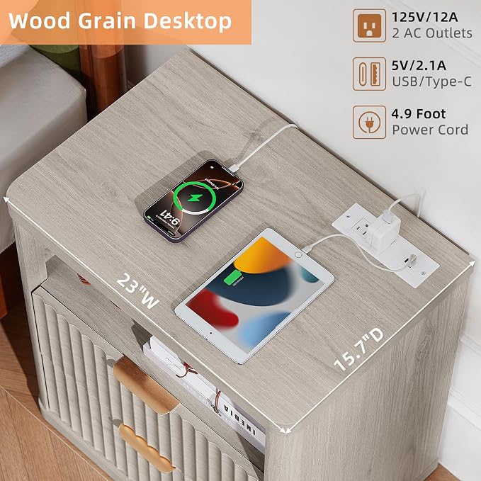 LEYAOYAO Fluted Farmhouse Nightstand Set of 2 with Charging Station, 23" Wide 2 Drawers Night Stand,LightGrey Dresser for Bedroom,Bed Side Table Chest of Drawers,Wood End Table for Living Room - Image 7