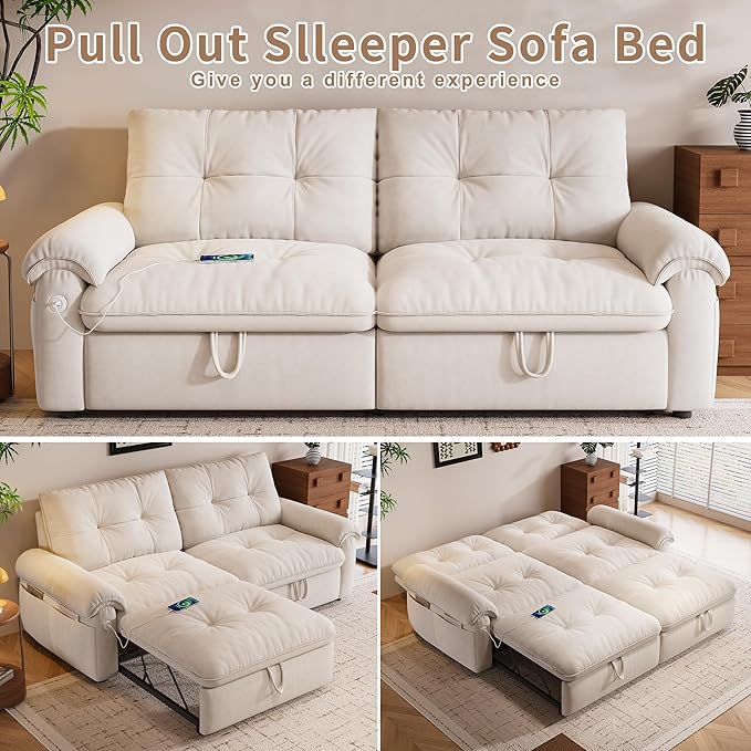 KEIKI 77" Modular Sectional Sofa with Pull-Out Bed, Convertible Sleeper Sofa Bed, 3-Seater Sleeper Sofa Couch for Living Rooms, Bedroom, Apartment, Beige