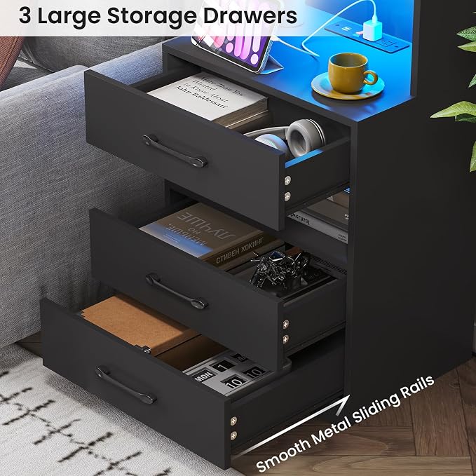 VIAGDO Tall Nightstand Set of 2 with Charging Station and LED Lights, Black Night Stand Set 2 with Bookshelf, Modern LED Bedside Tables with 3 Drawers and Storage Shelves, Side Tables for Bedrooms - Image 4