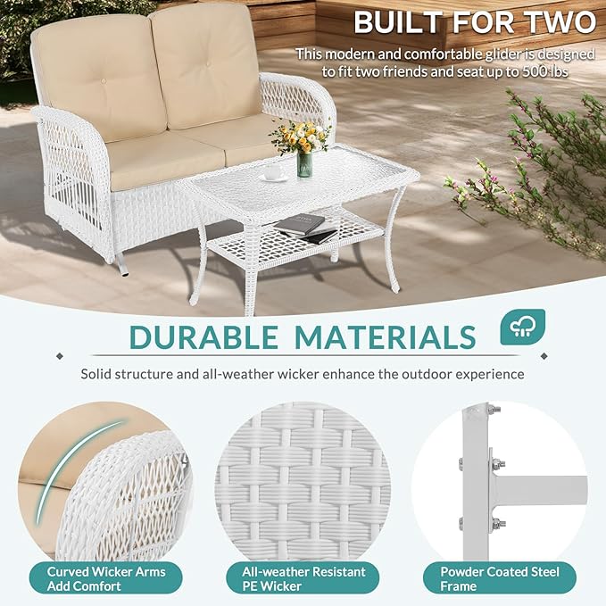MEETWARM 4 Pieces Outdoor Wicker Patio Conversation Sets with Glider Loveseat, 2 Chairs with Coffee Table Wicker Rocking Glider Set, Rattan Conversation Set with Thickened Cushions, White/Beige