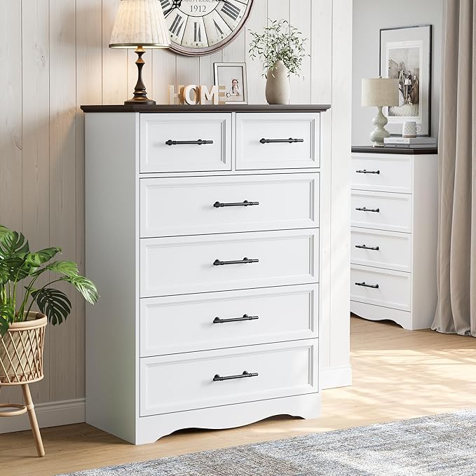 Bedroom Set, 4 Pieces Bedroom Furniture Set, 47"W 7 Drawer Dresser, 44"H 6 Drawer Dresser and 3 Drawers Nightstands with Charging Station, Farmhouse Storage Organizer Cabinet for Bedroom, White