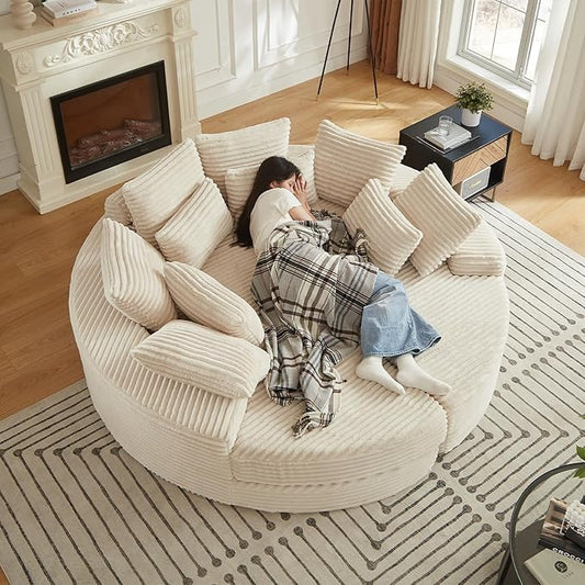 ERYE Oversized Round Sofa Chaise Daybed Comfy Corduroy Couch Boneless Sleeper Recliner Sofabed with 10 Pillows and Headrests