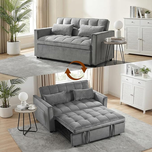 Convertible Sofa Bed 3 in 1 Pull Out Loveseat Sleeper Couch with Adjustable Backrest, Side Pocket, Two Pillows for Apartment, Dorm Room, Bedroom and Small Space | Velvet Fabric