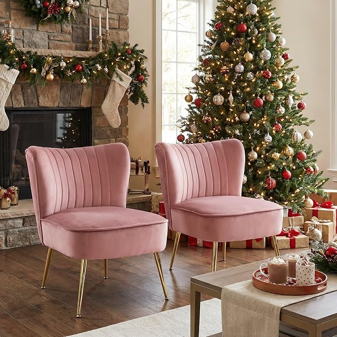 DUOMAY Modern Accent Chair Set of 2 Velvet Slipper Chair with Gold Legs Wingback Side Chair for Living Room Bedroom Entryway Small Corner Chair for Space Saving, Blush Pink