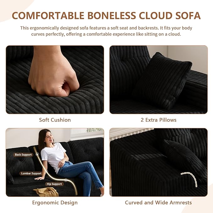 Ball & Cast 106" Modular Sectional Sofa, Cloud Corduroy Couch with Deep Seat, Boneless L-Shaped Sectional, Upholstered Modular Sofa for Living Room, No Assembly Required (Black, Left Facing Chaise)