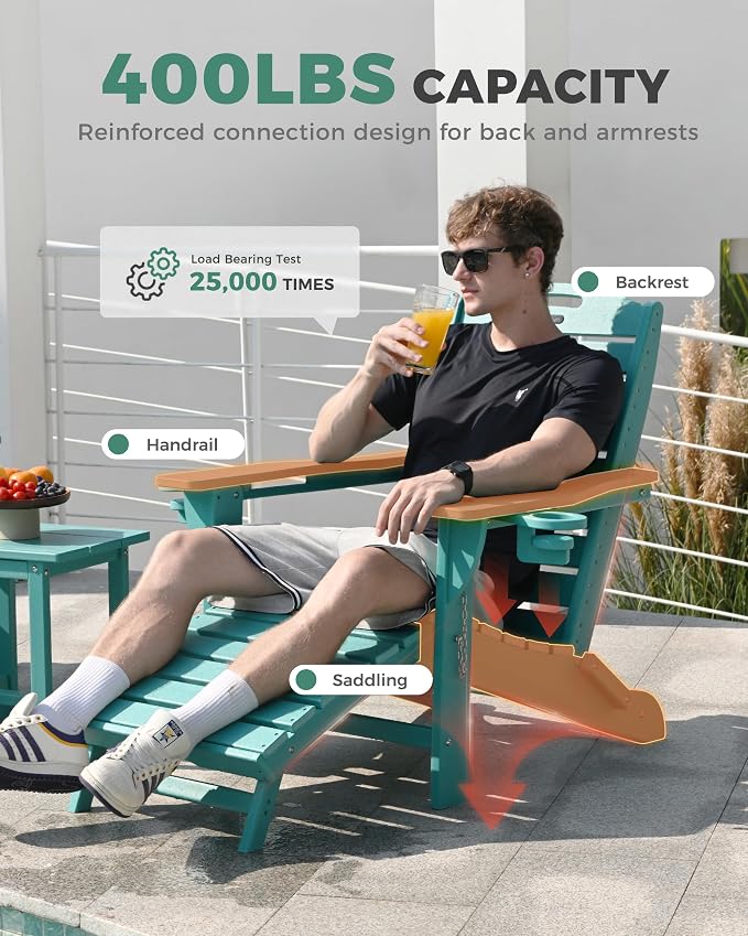 Folding Adirondack Chair with Retractable Ottoman, Weather Resistant Fire Pit Chair Patio Chair with 2 Cup Holder Lawn Outdoor Lounge Chair (Lake Blue) - Image 7